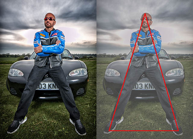 Photo of man standing in front of a car, composed in such a way that the man's body forms a triangle shape