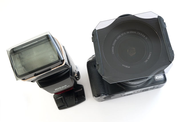 Example of a ND0.3 neutral density flash gel attached to a speedlight flash and a ND0.3 slot type neutral density filter attached to a lens