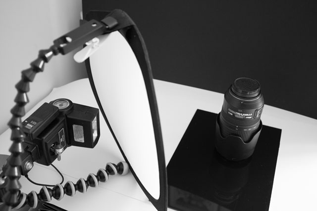 Example setup for a low key style photo of a camera lens