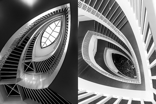 yin and yang - diptych of architectural detail shots of the staircase in the Chicago Museum of Contemporary Art