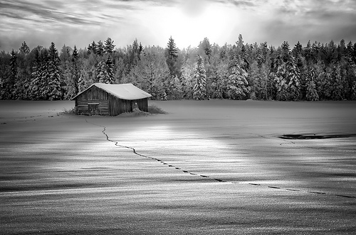 Barn in the snow B&W landscape photo