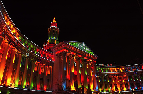 Christmas Lights on the City and County Building of Denver, Colorado.