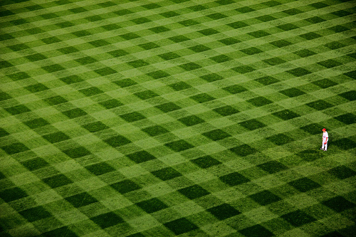 High angle photo of diamond pattern in the grass at the Yankee Stadium