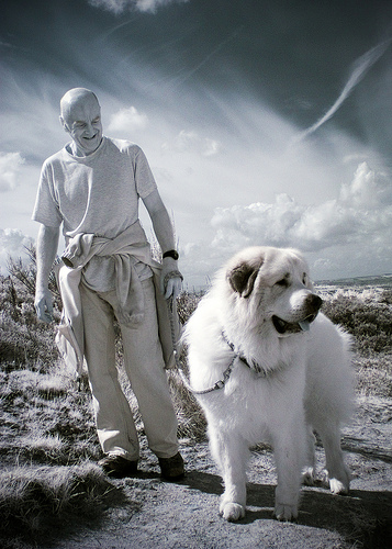 Man with dog infrared photograph