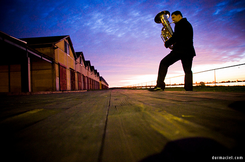 Tuba player at twilight