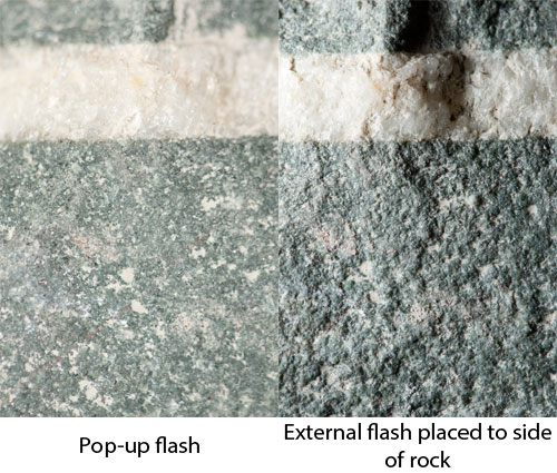 Image taken using the camera's built-in pop-up flash, showing the flat lighting, compared to an image taken with an external flash placed to the side of the rock, which gives an image with shadows revealing the rock's texture.