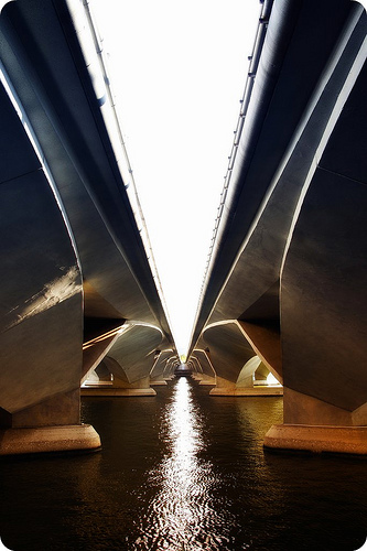 Photo taken between two bridges, using a centered composition