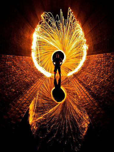 burning steel wool spun round in a tunnel