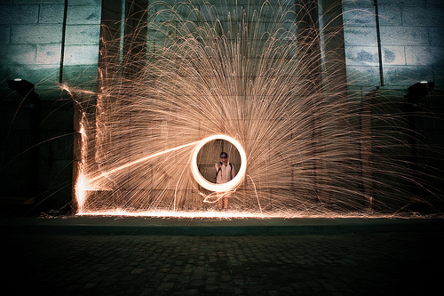 Wheel of sparks from spinning burning steel wool