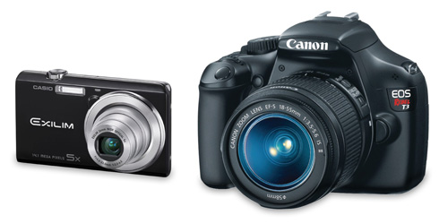 Image showing comparitive size of a basic compact camera compared to a DSLR