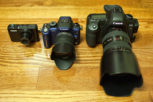Panasonic G2, Canon 5D2, Canon S90 Front - Compact, Mirrorless, and DSLR sizes compared