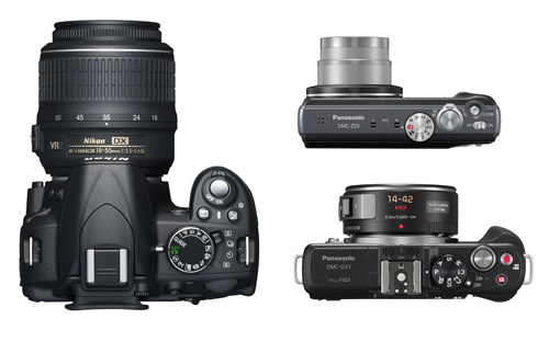 Photo of top-down view of DSLR, MILC, and Compact cameras showing size differences