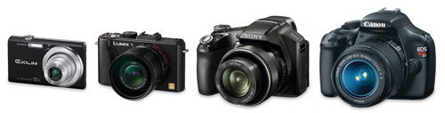 Superzoom camera size compared to basic compact, advanced compact, and DSLR cameras