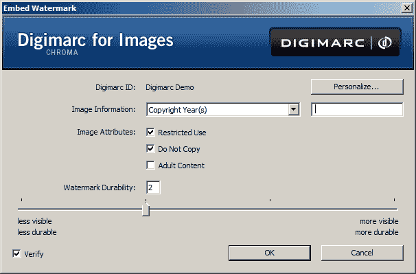 The Digimarc dialog used for adding digital watermarks to images in Adobe Photoshop