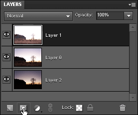 Layer palette in Photoshop Elements showing the 'create layer mask' button