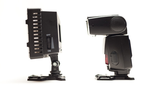 CN-160 LED light panel size compared to a Nikon SB-800 Speedlight hot shoe flash, side view