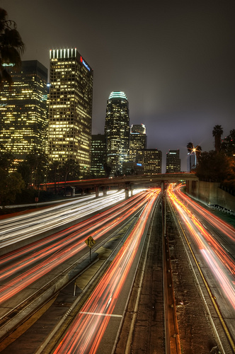 Light trails along a road through the city