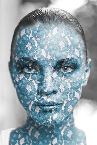 Photo of a woman's face with texture applied in Photoshop using a displacement map
