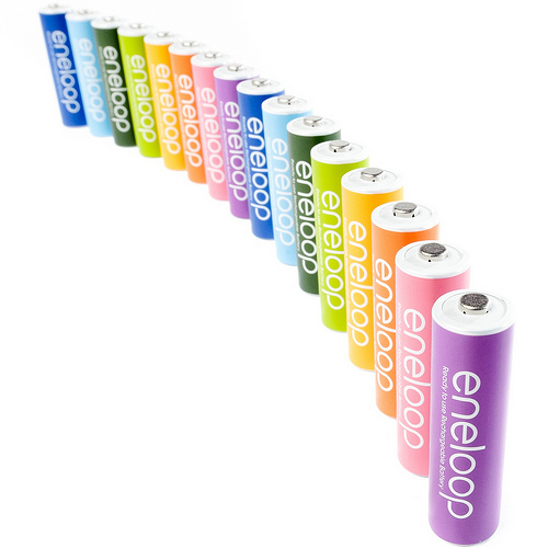 colored eneloop batteries product / still life photo