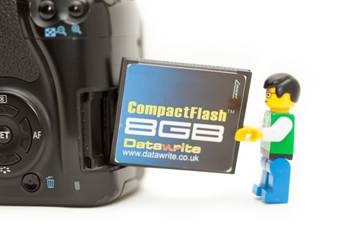 Lego mini figure trying to fit a Compact Flash card into a camera with an SD card slot