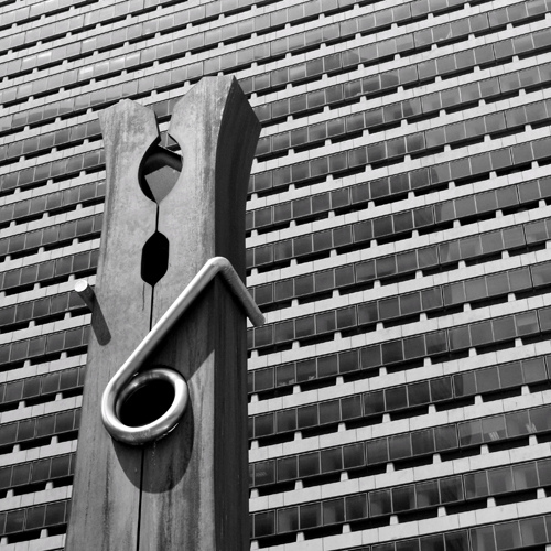 It's the building that's miniature: Philadelphia's Clothespin by Jack Wolgin - building in background creating a pattern