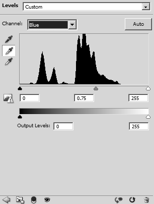 Blue channel of Levels dialog with midtone slider used to increase yellow tone
