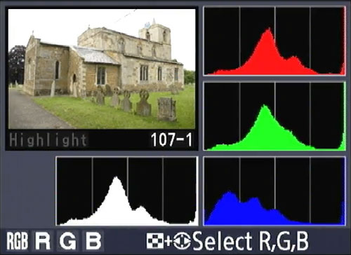 Viewing the histogram for an image - to the right are the separate histograms for the Red, Green, and Blue channels, while the combined histogram is shown in white at the bottom