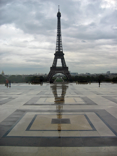 Eiffel Tower on a rainy day.