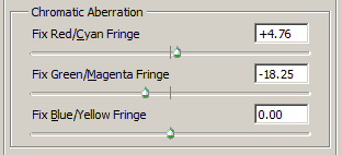 Sliders for removing chromatic aberrations in lens correction filter of Photoshop