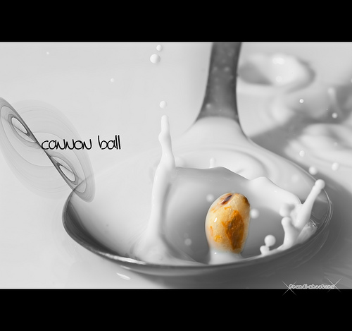 Piece of cereal splashing into a bowl of milk - manual focus used