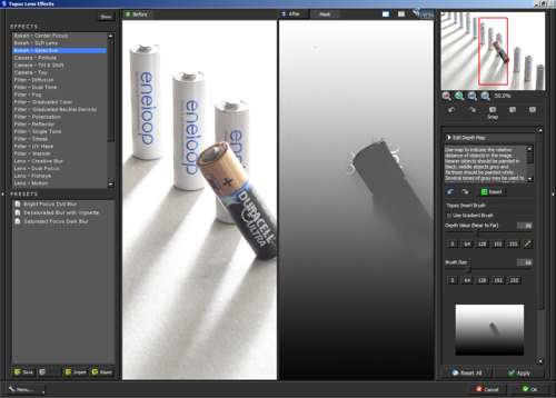 One battery painted in the depth map in Topaz Lens Effects