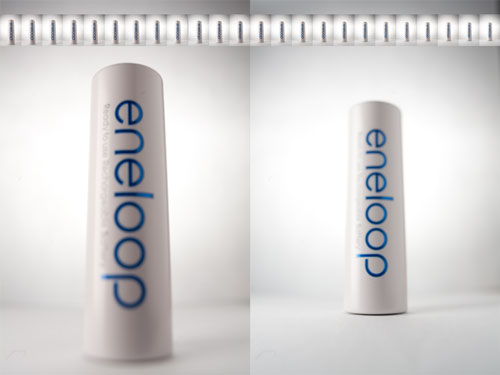 Photos of a battery with only the top in focus on the left, and only the bottom in focus on the right. Above are a series of images showing the battery with the focus plane moved slightly between the two points.