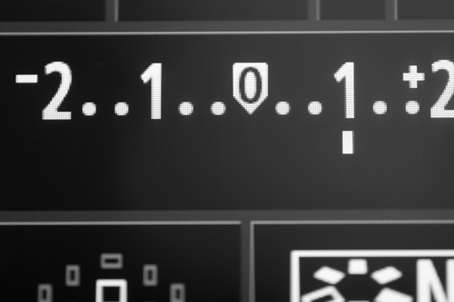 Rear LCD of a Canon camera showing the exposure scale with +1EV of exposure compensation applied