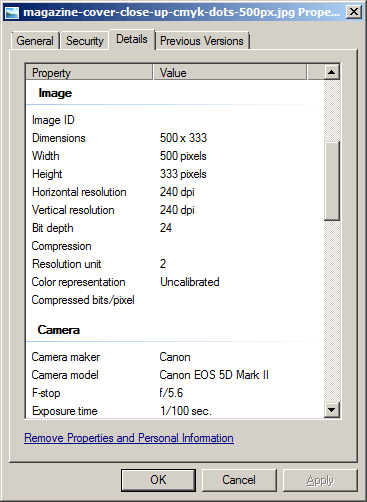 Image properties dialog in Windows, showing the horizontal and vertical resolution measured in DPI. The measurement is actually PPI, and is not useful anyway. The height and width of the image measured in pixels are the relevant properties for image resolution.