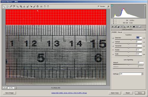 Image with barrel distortion after straightening, cropping and correcting distortion in ACR