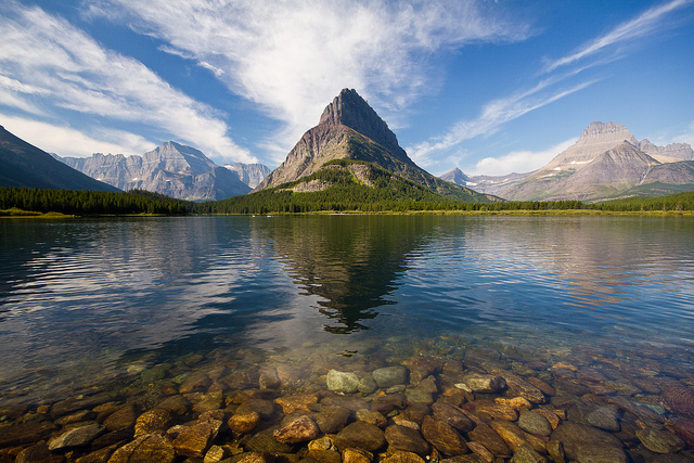 Landscape photo of lake and mountains. A sense of depth is created through the inclusion of foreground (stones under the water), middle ground (the lake), and background (mountains and trees) elements.