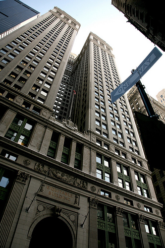 Tall buildings form converging lines when looking up, example of perspective distortion