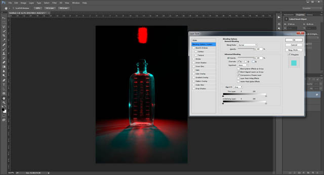 Setting the blending options of the top image layer to only the red channel