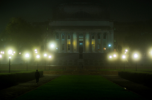 Lights at night in the fog