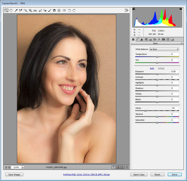 Portrait photo with soft focus effect applied by using a negative clarity adjustment in ACR