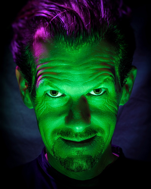 Boris Frankenstein - a spooky portrait lit using a green gelled flash from below and purple gelled flash from above