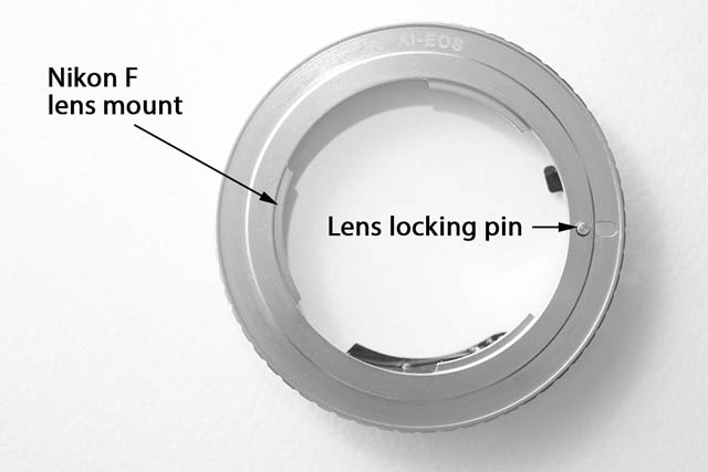 Anatomy of a basic lens adapter example - Nikon F to Canon EF mount adapter, lens side