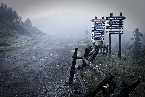 Mountain track in misty / foggy conditions