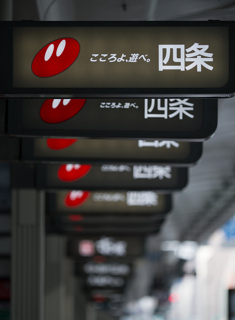 Row of signs appearing to be close together caused by the perspective compression of a telephoto lens