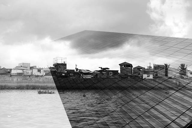 Double exposure photograph of shanty buildings along a river and a skyscraper using overlay blend mode