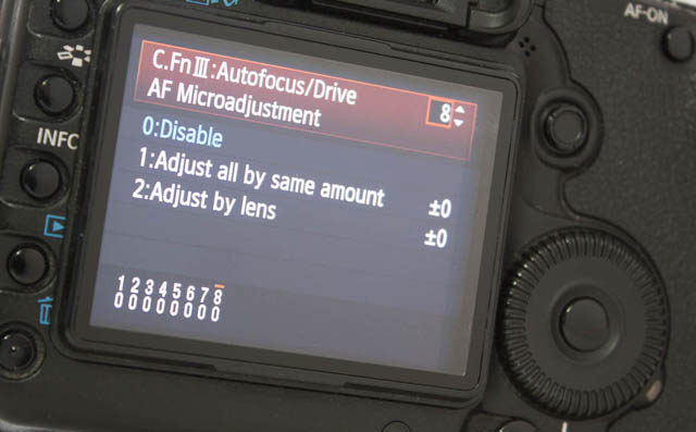 Example of the AF Microadjustment setting screen on a Canon camera