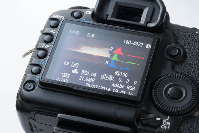 Image review playback on camera showing some EXIF data such as Shutter speed, Aperture, ISO, Metering mode, White balance