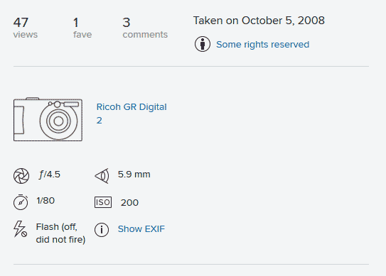Example of basic EXIF information displayed for a photo on Flickr