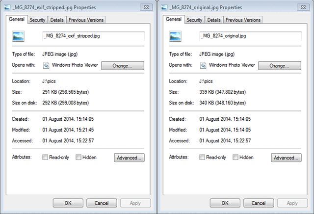 Comparison of the file size of an image resized for web use. One with EXIF intact, and the other with the EXIF stripped. The file size saving of removing the EXIF is not negligible as a percentage (14% smaller), but is quite small in terms of actual size (49kB smaller).