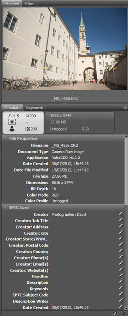 Viewing EXIF data for a photo using the metadata panel in Adobe Bridge
